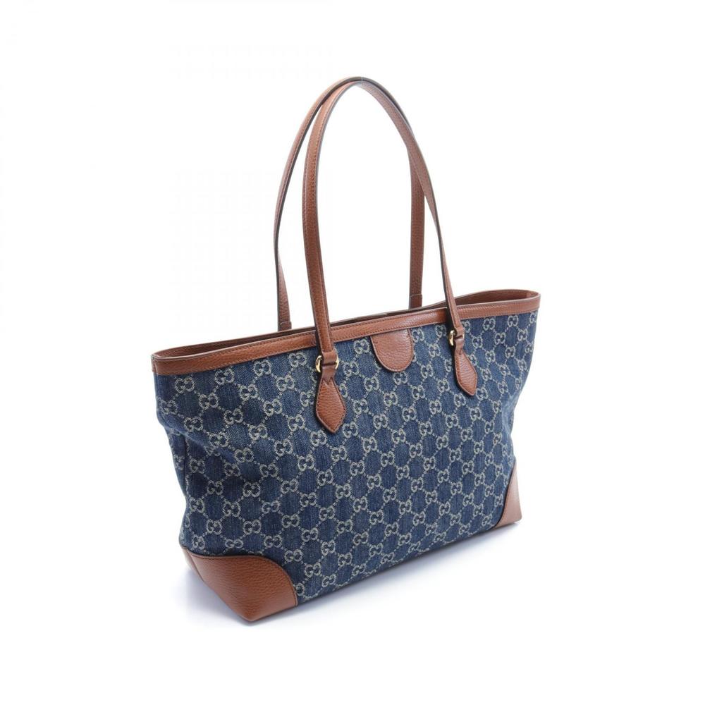Gucci GG Denim Navy Brown Medium Tote Leather Denim Bag
